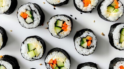 Wall Mural - An assortment of sushi rolls, made with fresh vegetables and seafood. The perfect meal for a healthy and delicious lunch or dinner.