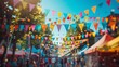 © Sippung - Colorful bunting flags and decorations at a lively summer street festival under blue sky