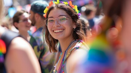 An LGBTQ+ ally supporting friends at a Pride rally.