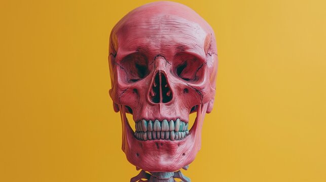 an immersive view of an artificial human skeleton model against a vibrant yellow canvas, offering am