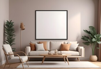 Frame mockup ISO A paper size. Living room wall poster mockup design. Interior mockup with house background. Modern interior design. 3D render