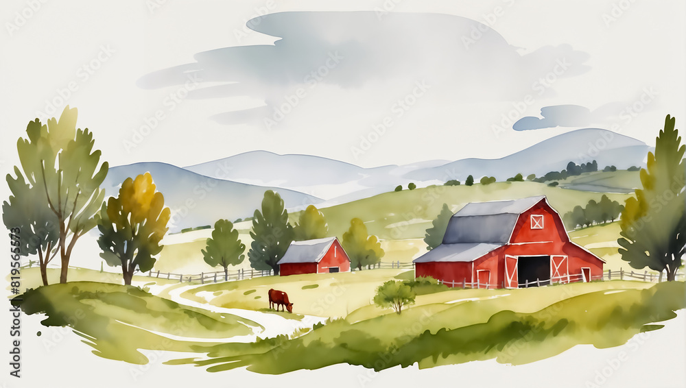 Cows grazing by a river in a green landscape. Watercolor illustration ...
