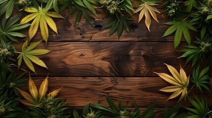 Wall Mural - Cannabis Leaves Border for St Patrick's Day Rustic Wooden Background