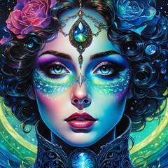 Wall Mural - A beautiful image of a woman in a universe of broken glass and jewels: pure, perfect and artistically captivating.