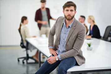 Poster - Businessman, portrait and coworking workplace for creative job, serious employee and company goals with vision for growth. People, workplace and business meeting, project manager and male person