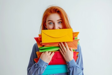 Pretty woman holds a stack of colorful envelopes, symbolizing connection and communication: Capturing the essence of correspondence, she adds a sense of warmth and intimacy to the image. 