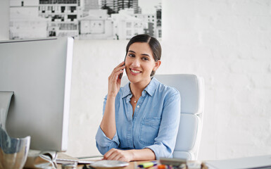 Poster - Female creative, office and phone call by desk in portrait for career, web designer with computer for job. Businesswoman, table and happiness for remote work with mobile, tech for website development