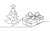 Fototapeta Dinusie - Continuous one line of two gift boxes in silhouette. Linear stylized.Minimalist, Happy New Year minimal design, background. One, continuous line drawing New Years simple design with Christmas tree
