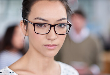 Poster - Portrait, confidence and woman in office for meeting, internship or professional career. Graduate, editor and female person with employee for publication, artistic job or creative at magazine agency