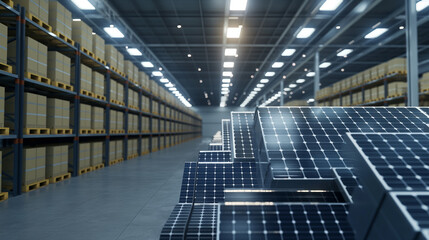Poster - stock of solar panels in a modern warehouse ready for shipping