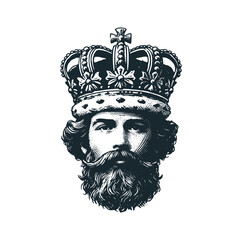 Sticker - The king with his crown. Black white vector logo illustration. 