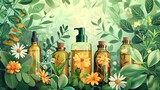 Fototapeta  - Cosmetics and aromatherapy with flowers in glass bottles