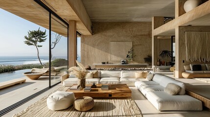 Luxury living room with a panoramic view to the sea