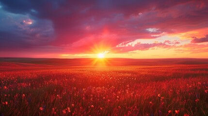 Wall Mural - Fields and Meadows Grassland Sunset: A neon photo capturing the beauty of a grassland at sunset