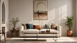 © indofootage - A moody of a grunge table near a white sofa against an arched window and white wall with a big art poster frame. low view