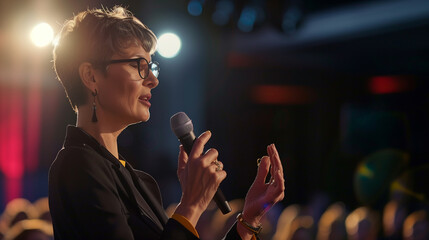 A woman giving a public speech with a microphone in hand, highlighting the importance of communication, public speaking skills, and leadership in a professional setting.