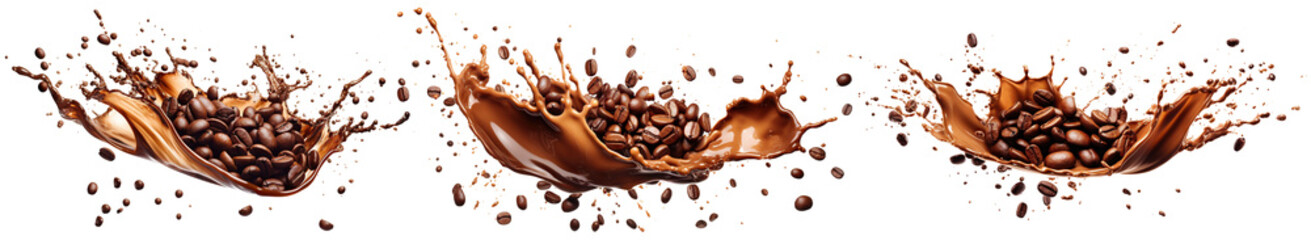 Set of delicious coffee beans in splashes of coffee, cut out