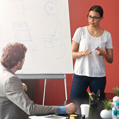 Canvas Print - Business woman, whiteboard and coaching with presentation or team in meeting or conferece at office. Young female person or employee training staff with flipchart for planning or project discussion