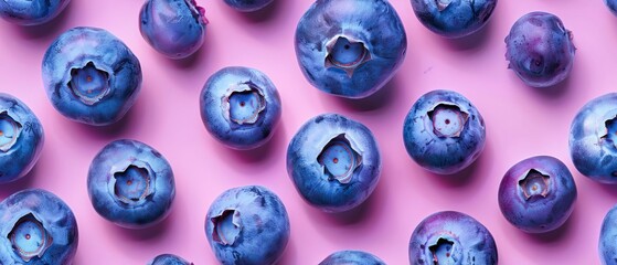 Fresh blueberries on vibrant pink background, showcasing their rich color and smooth texture. Ideal for health, food, and nature themes.