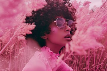Wall Mural - Beautiful african american woman with afro hairstyle and sunglasses in tall grass