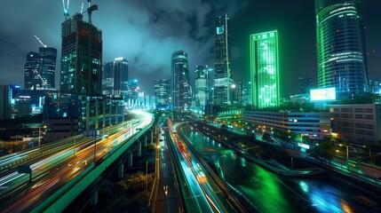 Electric Neon Green Light Show in a Modern Cityscape at Night, Vibrant Urban Life