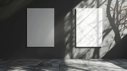 Aufkleber - Two empty frames on a dark wall with tree shadow pattern, mockup for presentation, modern dark background. Generative AI
