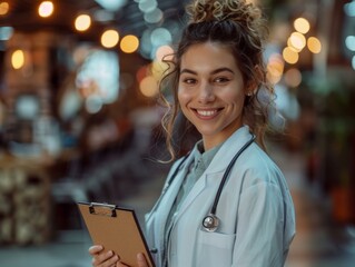 Wall Mural - A smiling female doctor holding a clipboard and standing in the middle of an indoor area. Generative AI.