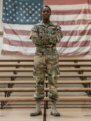 Wall Mural - A soldier standing in front of a flag with his arms crossed. Generative AI.