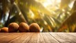 © Summit Art Creations - Whole coconuts with brown and rough texture on rustic wooden table with tropical palm background at sea with blue sky and golden sun ray shining. Summer refreshment and exotic cuisine concept. AIG35.
