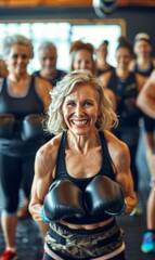 Sticker - A mature woman in a gym with boxing gloves on smiling. AI.