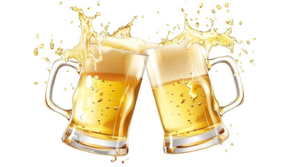 two beer mugs clinking together with beer splashing out on a white background, detailed and hyper re