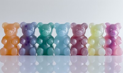 Canvas Print - A row of six different colored toy bears lined up on a white surface. AI.