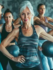 Sticker - A group of women are doing a workout with weights. AI.