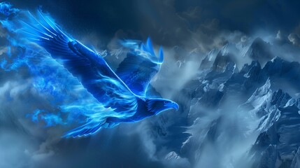 Vivid Royal Blue Fire Forming an Eagle Soaring Over Snow-Capped Mountains