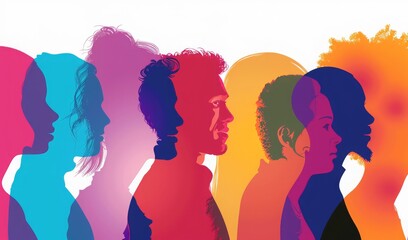 Wall Mural - Colorful silhouettes of a diverse and multicultural community. Illustration of a multiethnic group of people, portraits in simple colors