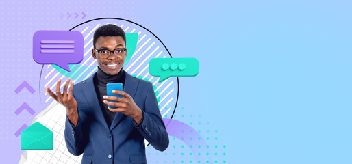 Sticker - African businessman using smartphone, colorful speech bubbles and copy space