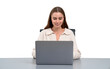 © ImageFlow - Young woman with laptop on desk, smiling. Isolated over white background
