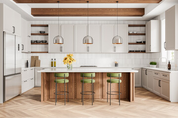 Wall Mural - Cozy home kitchen interior with bar island and cooking cabinet in apartment