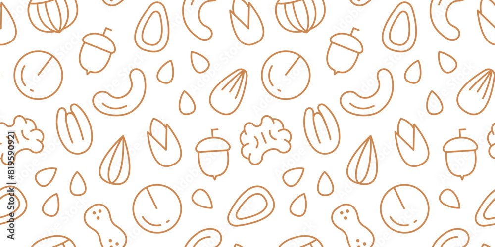 Nut seamless pattern with line icons. Vector background of dry nuts and ...