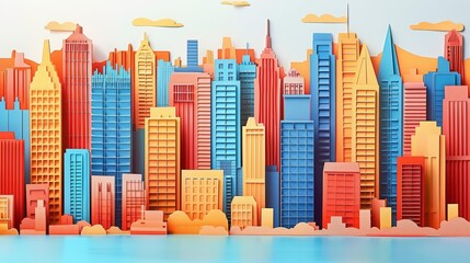 Paper art style of a vibrant urban skyline featuring towering skyscrapers and bustling city streets, enhanced with paper cut styles, and presented as an illustration template