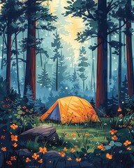 summer activities camping in the woods journey flat design front view starry night cartoon drawing s