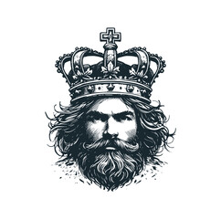 Poster -  The king with crown. Black white vector illustration.