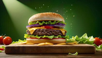 Wall Mural - Beef Cheeseburger on a rustic wooden board along with lettuce, tomato slices, and cheese on a green background