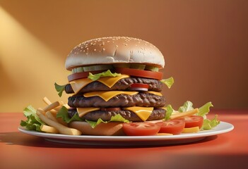 Wall Mural - Double Cheeseburger on a white plate along with lettuce, tomato slices, and French fries on a pastel background