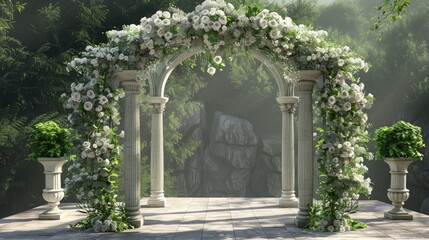 Wall Mural - 3D render of a white floral arch with columns and an arched window in the background, white roses, fantasy garden setting, romantic, green forest background, sunlight. The arch is