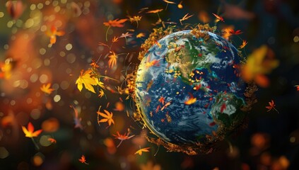 Wall Mural - 3D render of a colorful earth globe with autumn leaves and plants, in a fantasy,