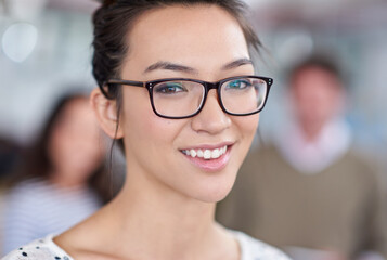Poster - Portrait, staff and woman with smile in office for meeting, internship or professional career. Graduate, editor and person with happiness for publication, artistic job or creative at magazine agency