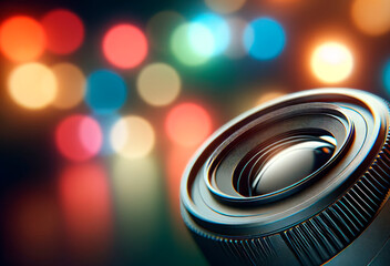Poster - Close-up of a camera lens with a colorful bokeh light background, symbolizing creative photography. Generative AI