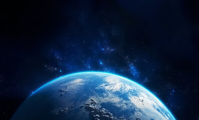 Poster - Earth viewed from space with a starry dark background, showcasing the concept of exploration. Generative AI