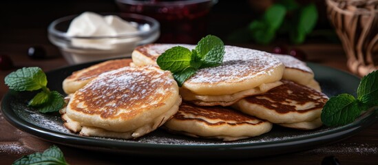 Wall Mural - Plate of pancakes with dusted sugar and fresh mint